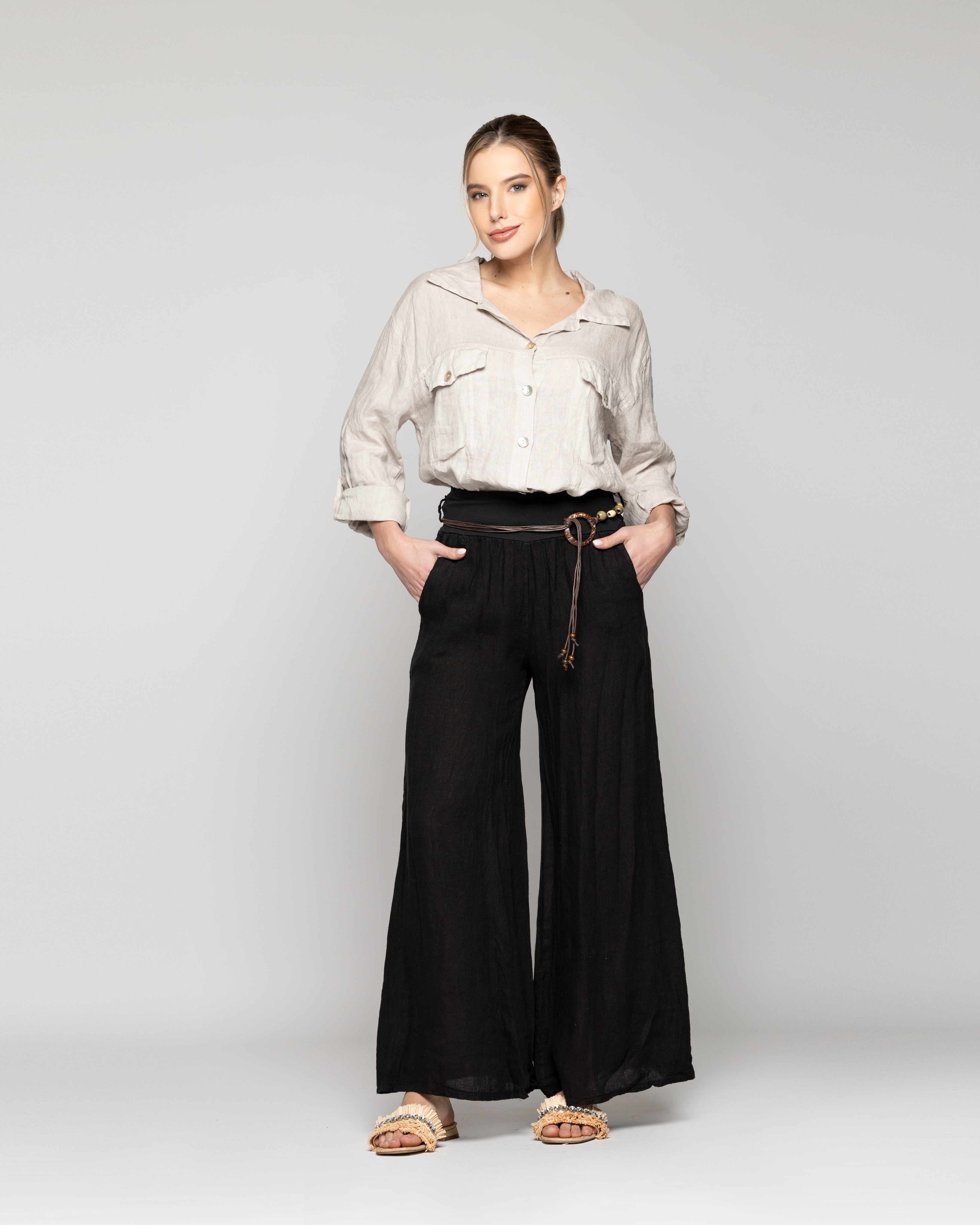 Pantalón Mujer Paola Palazzo De Lino Negro Lineatre – Lineatrē