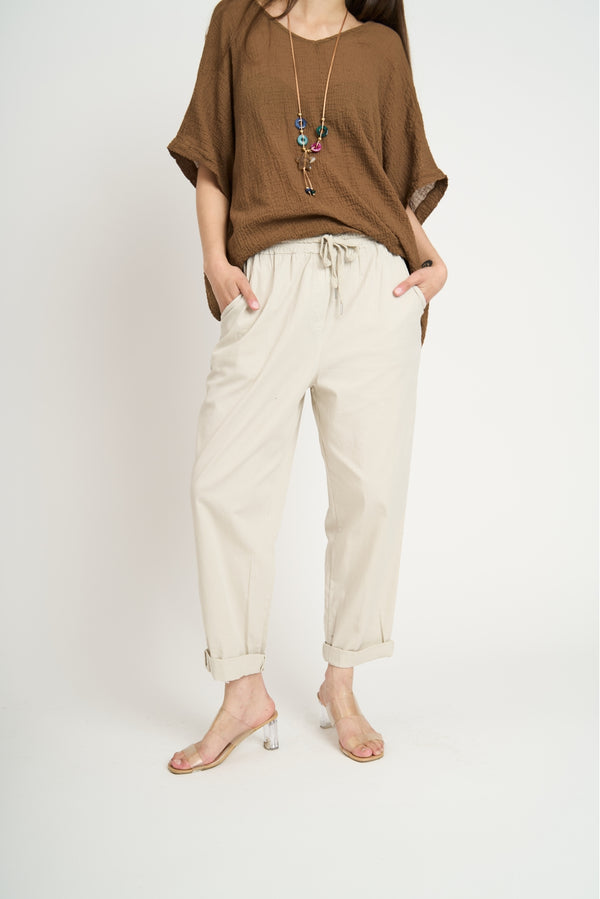 Pantalón Mujer Sol Largo Tiro Alto Beige Lineatre