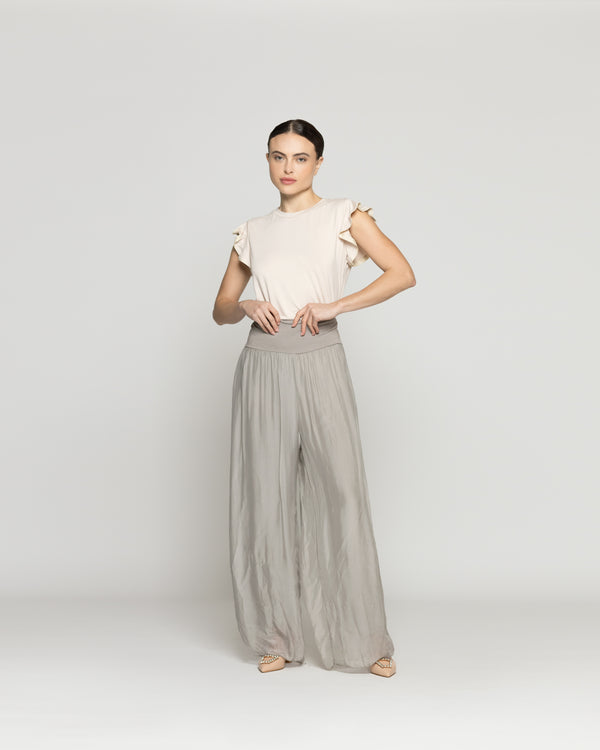 Pantalón Mujer Pandora Satinado Pretina Ancha Verde Fango Lineatre