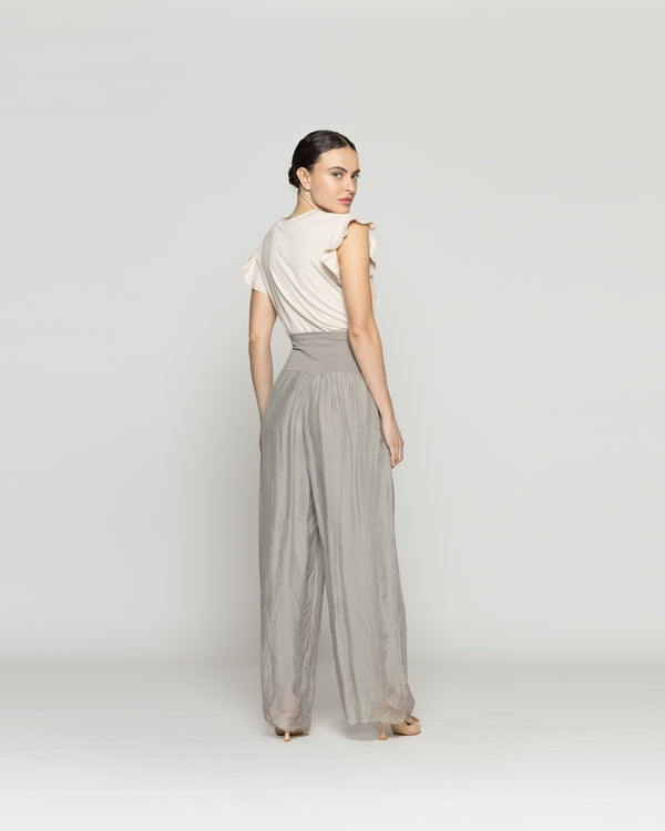 Pantalón Mujer Pandora Satinado Pretina Ancha Verde Fango Lineatre