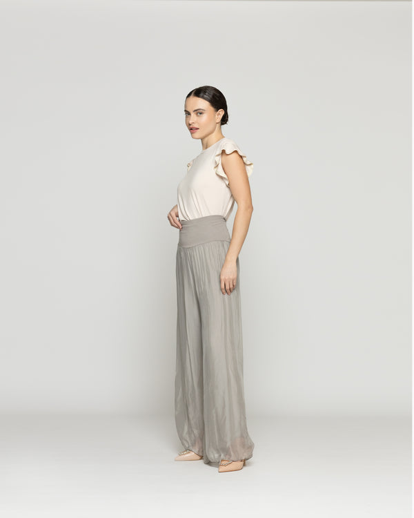 Pantalón Mujer Pandora Satinado Pretina Ancha Verde Fango Lineatre
