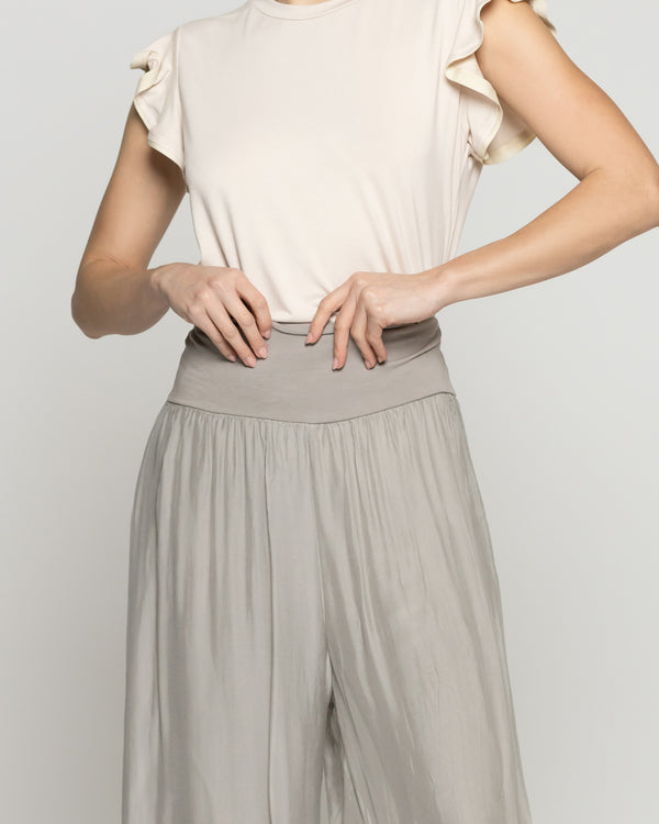 Pantalón Mujer Pandora Satinado Pretina Ancha Verde Fango Lineatre