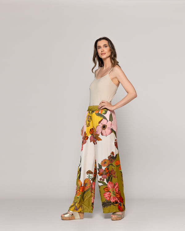 Pantalón Mujer Brenna Satinado Estampado Flores Verde Militar Lineatre