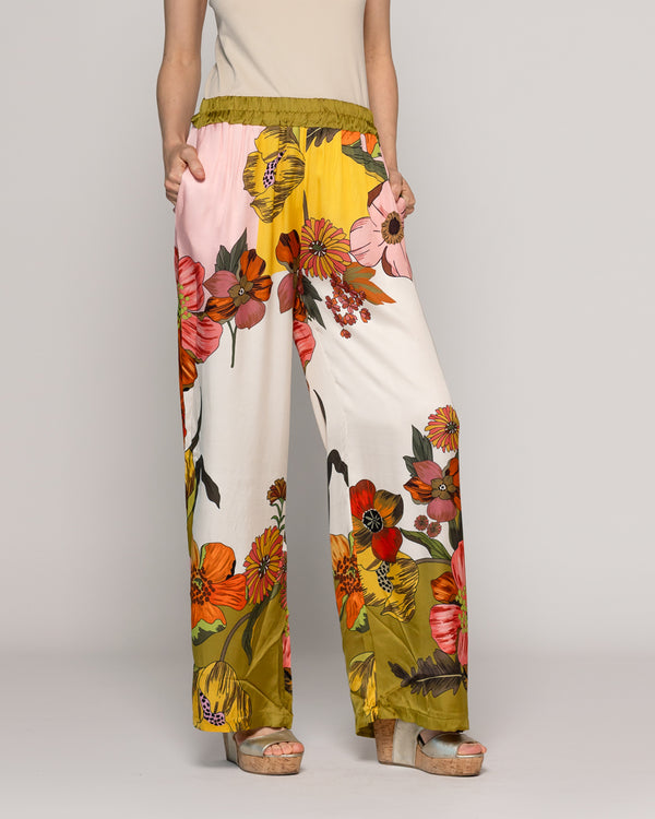 Pantalón Mujer Brenna Satinado Estampado Flores Verde Militar Lineatre