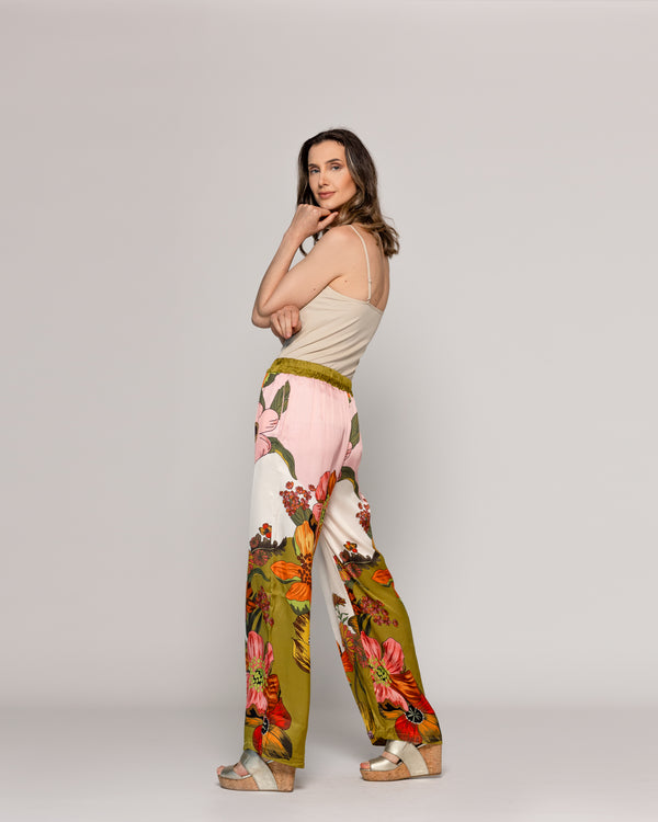 Pantalón Mujer Brenna Satinado Estampado Flores Verde Militar Lineatre