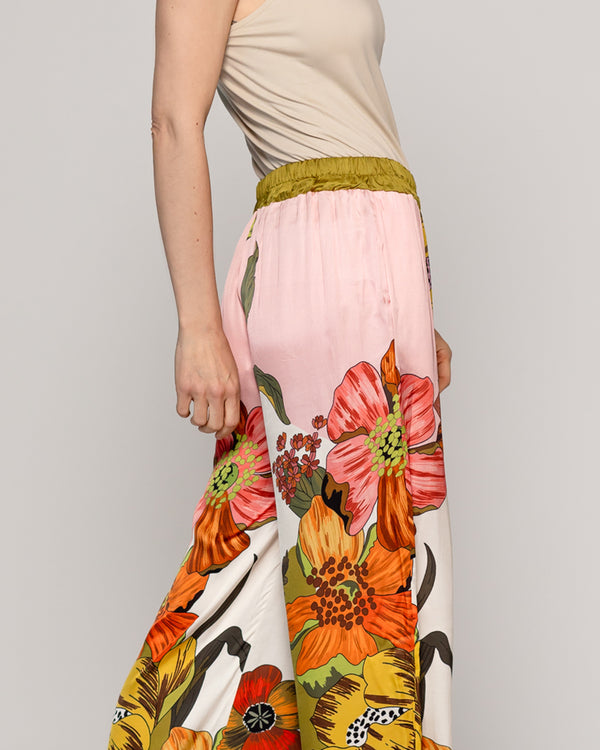 Pantalón Mujer Brenna Satinado Estampado Flores Verde Militar Lineatre