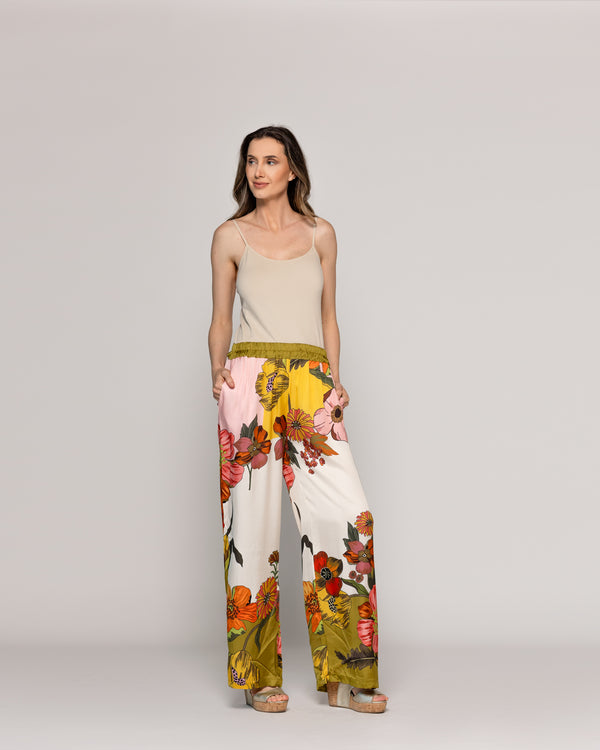 Pantalón Mujer Brenna Satinado Estampado Flores Verde Militar Lineatre