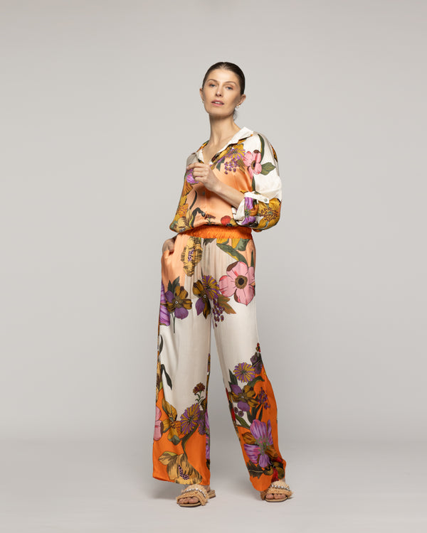 Pantalón Mujer Brenna Satinado Estampado Flores Naranja Lineatre