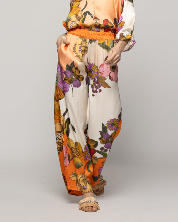 Pantalón Mujer Brenna Satinado Estampado Flores Naranja Lineatre