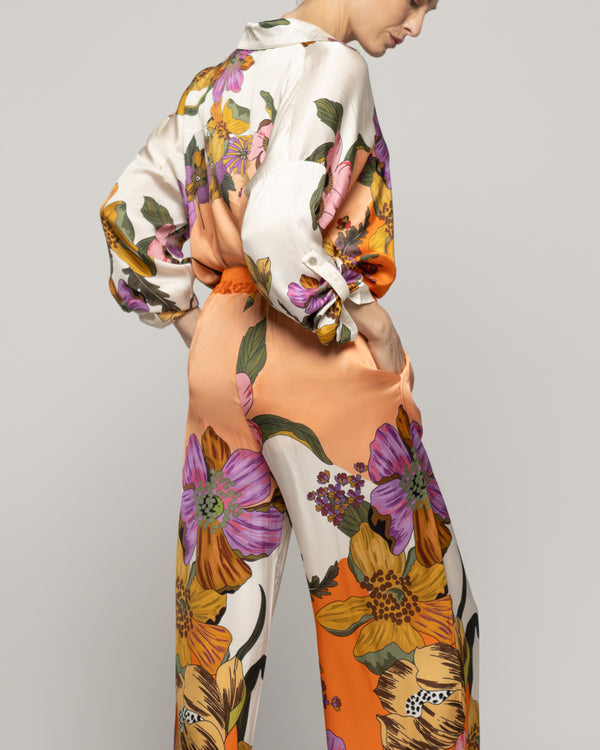 Pantalón Mujer Brenna Satinado Estampado Flores Naranja Lineatre