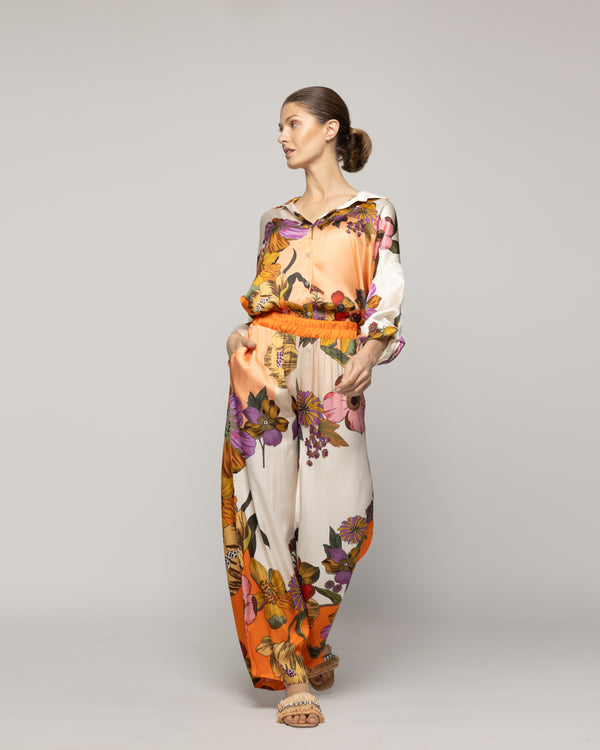 Pantalón Mujer Brenna Satinado Estampado Flores Naranja Lineatre