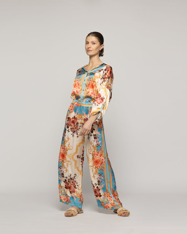 Pantalón Mujer Brenna Satinado Estampado Barroco Celeste Lineatre
