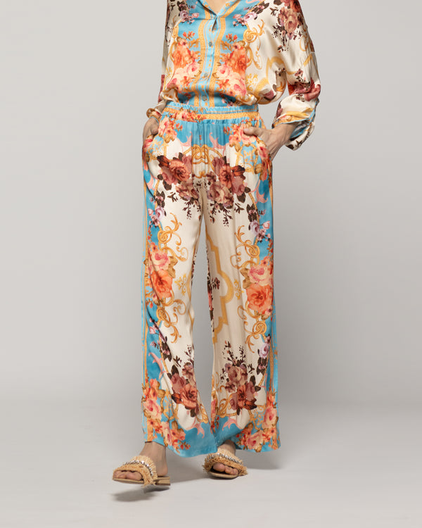 Pantalón Mujer Brenna Satinado Estampado Barroco Celeste Lineatre