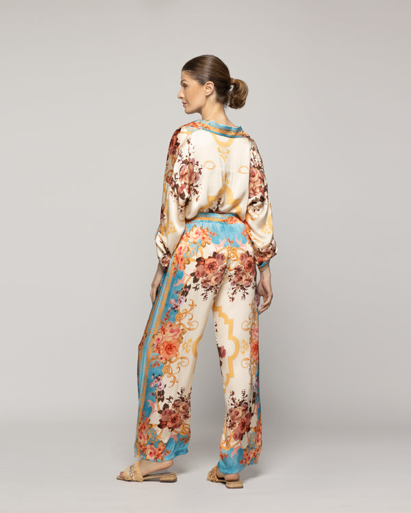 Pantalón Mujer Brenna Satinado Estampado Barroco Celeste Lineatre