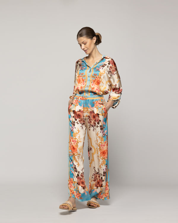 Pantalón Mujer Brenna Satinado Estampado Barroco Celeste Lineatre