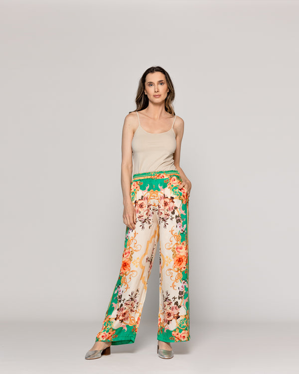Pantalón Mujer Brenna Satinado Estampado Barroco Verde Lineatre