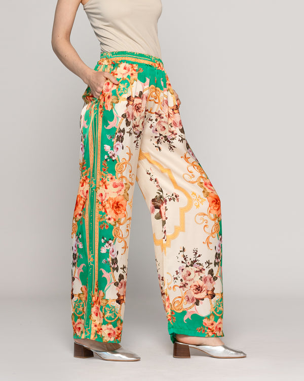 Pantalón Mujer Brenna Satinado Estampado Barroco Verde Lineatre