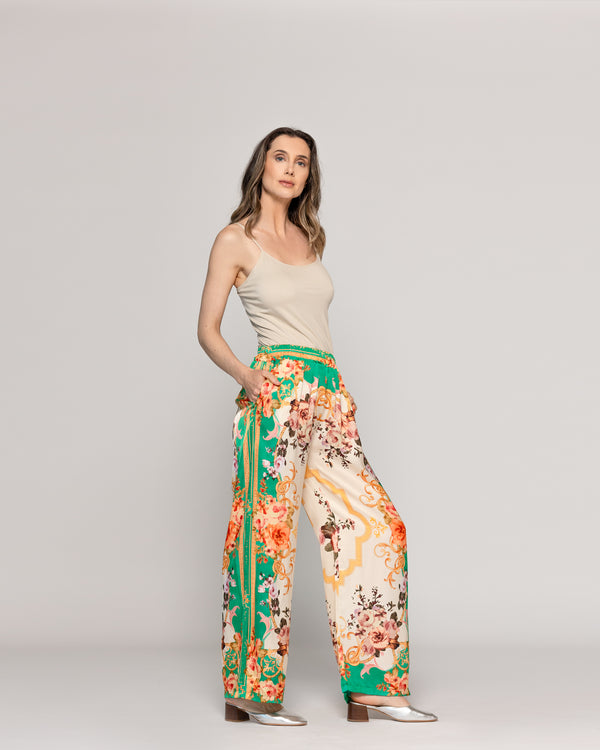 Pantalón Mujer Brenna Satinado Estampado Barroco Verde Lineatre