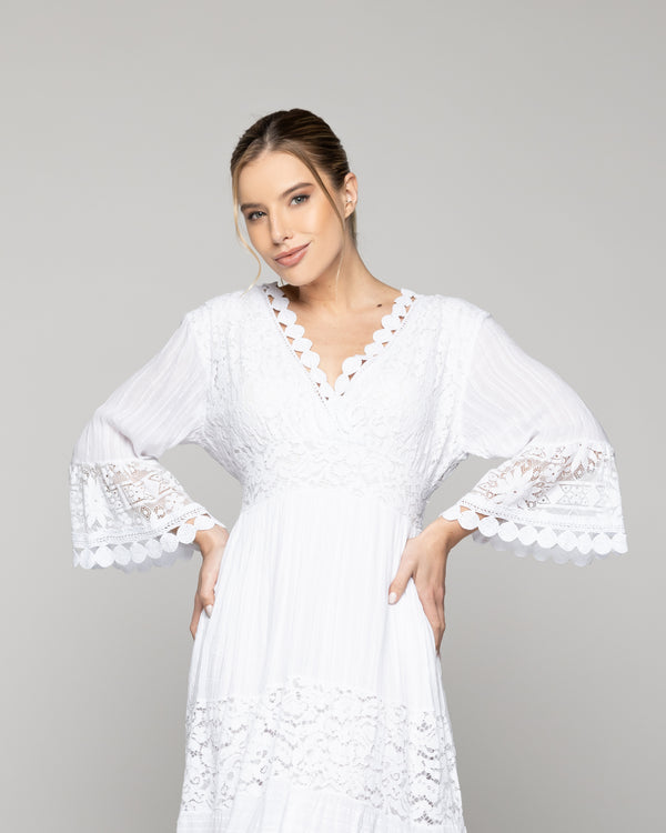 Vestido Mujer Vivi Largo Midi Con Adornos De Encaje Blanco Lineatre