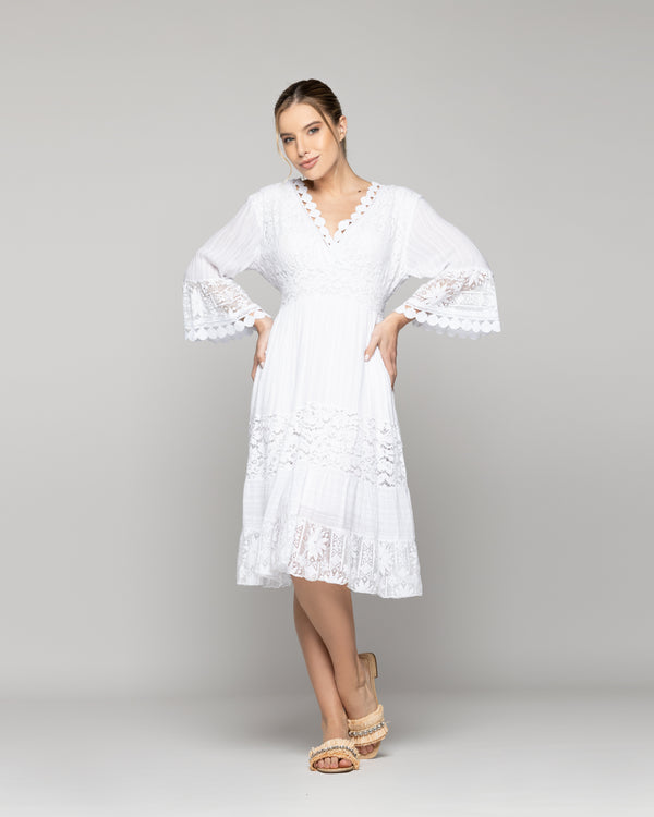 Vestido Mujer Vivi Largo Midi Con Adornos De Encaje Blanco Lineatre