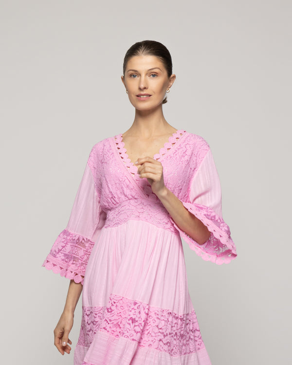 Vestido Mujer Vivi Largo Midi Con Adornos De Encaje Rosado Lineatre