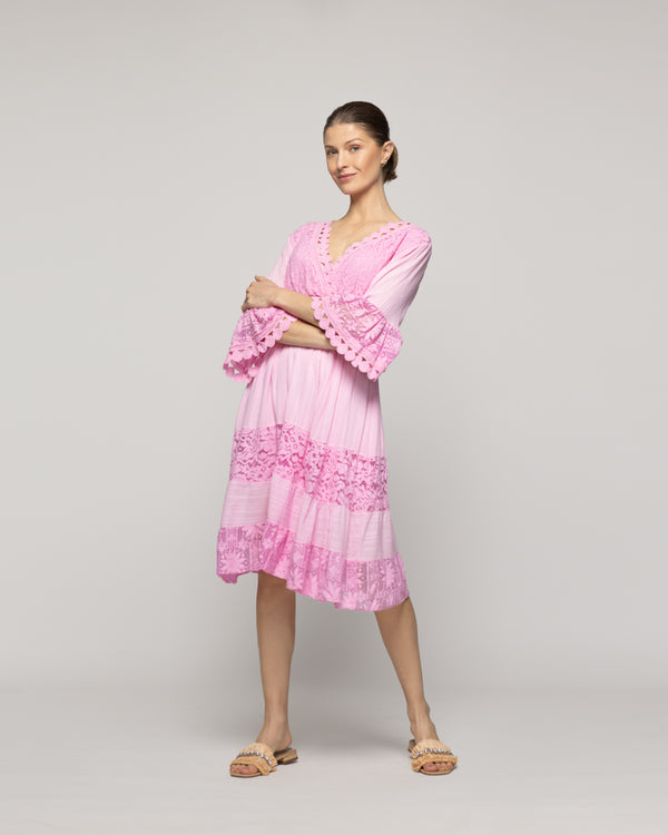Vestido Mujer Vivi Largo Midi Con Adornos De Encaje Rosado Lineatre