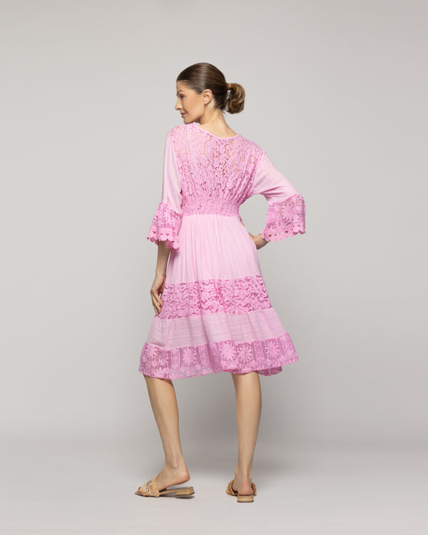 Vestido Mujer Vivi Largo Midi Con Adornos De Encaje Rosado Lineatre