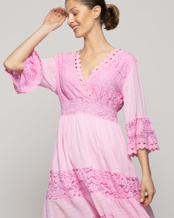 Vestido Mujer Vivi Largo Midi Con Adornos De Encaje Rosado Lineatre