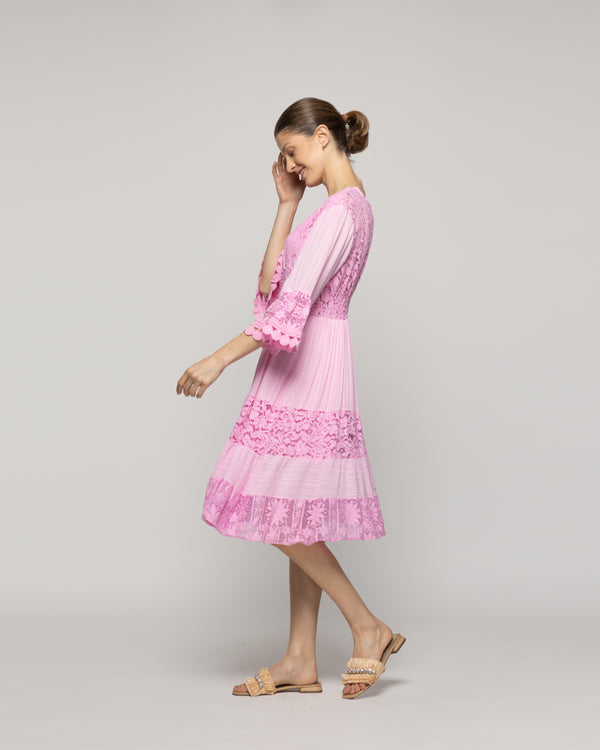 Vestido Mujer Vivi Largo Midi Con Adornos De Encaje Rosado Lineatre