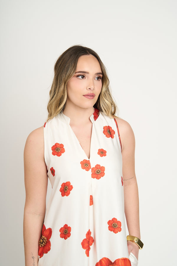 Vestido Mujer Flores Amapolas Blanco Lineatre
