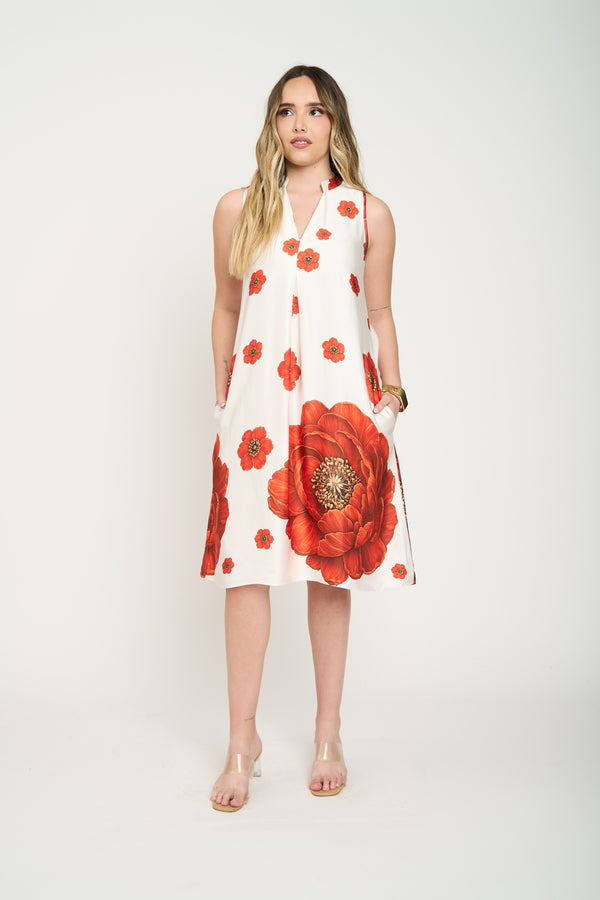 Vestido Mujer Flores Amapolas Blanco Lineatre