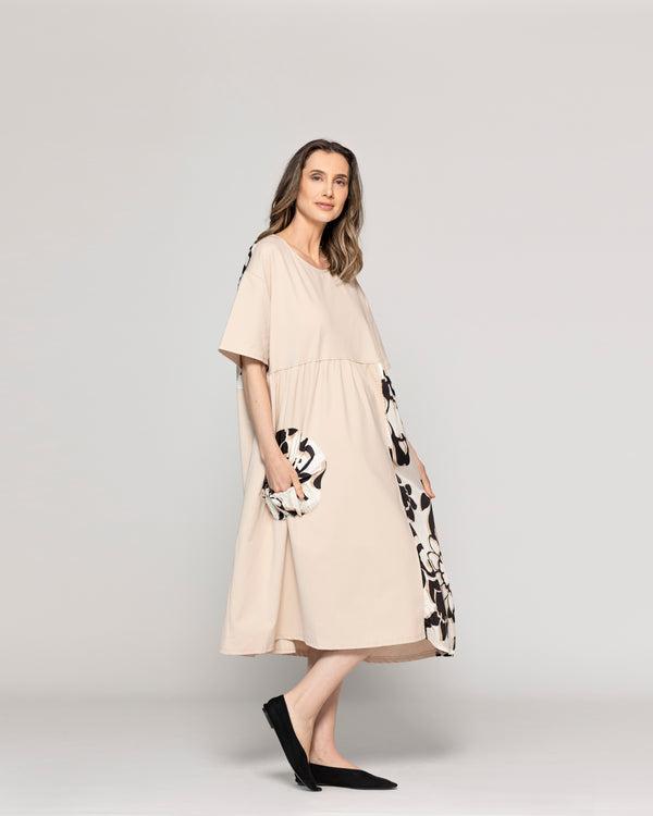 Vestido Mujer Largo Vania Con Bolsillo Decorativo Elasticado Beige Lineatre