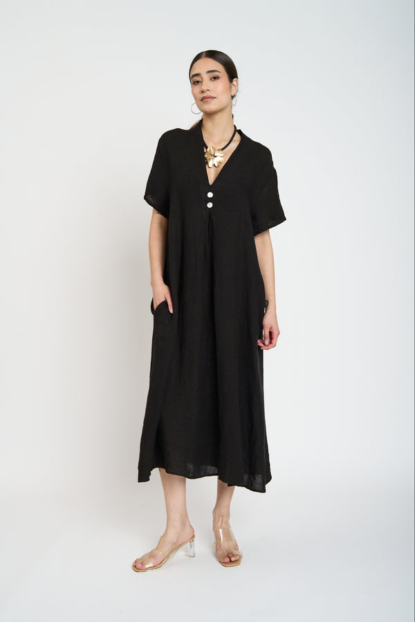 Vestido Mujer Flor Escote en V Negro Lineatre