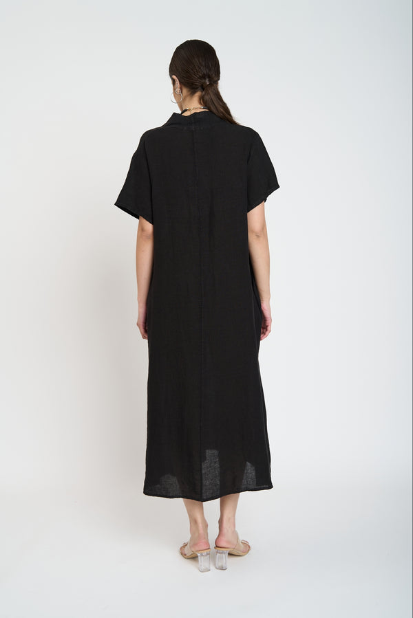 Vestido Mujer Flor Escote en V Negro Lineatre