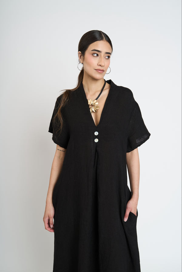 Vestido Mujer Flor Escote en V Negro Lineatre