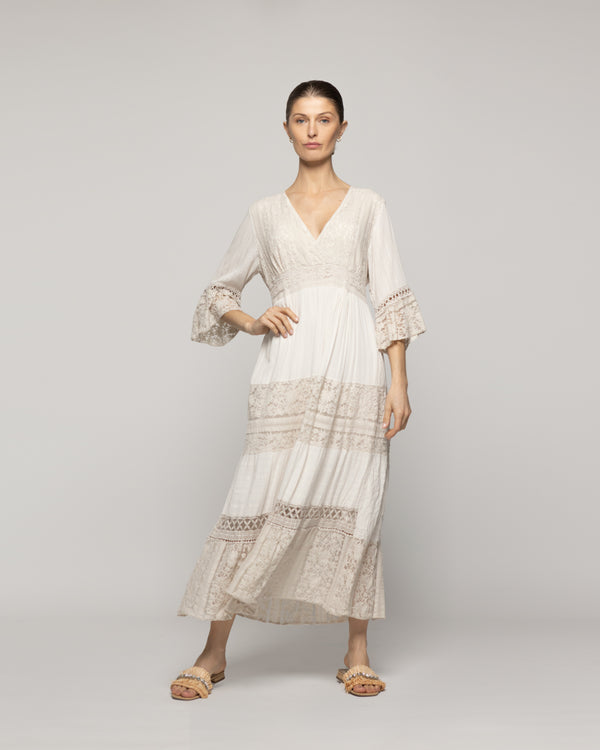 Vestido Mujer Largo Valentina Con Adornos De Encaje Beige Lineatre