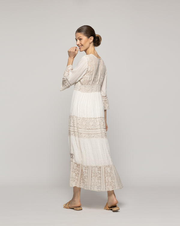 Vestido Mujer Largo Valentina Con Adornos De Encaje Beige Lineatre