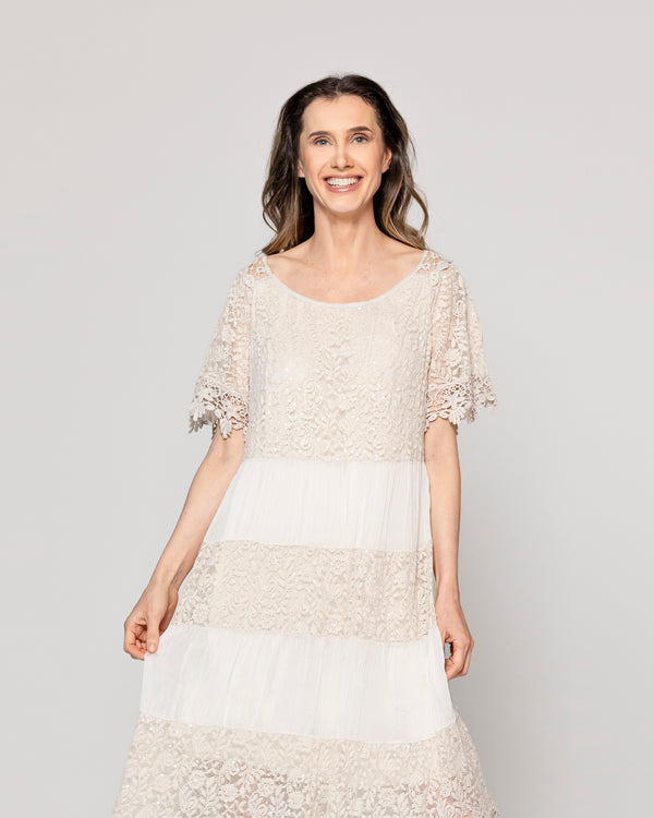 Vestido Mujer Viola Largo Midi Y Manga Corta Con Encaje Beige Lineatre
