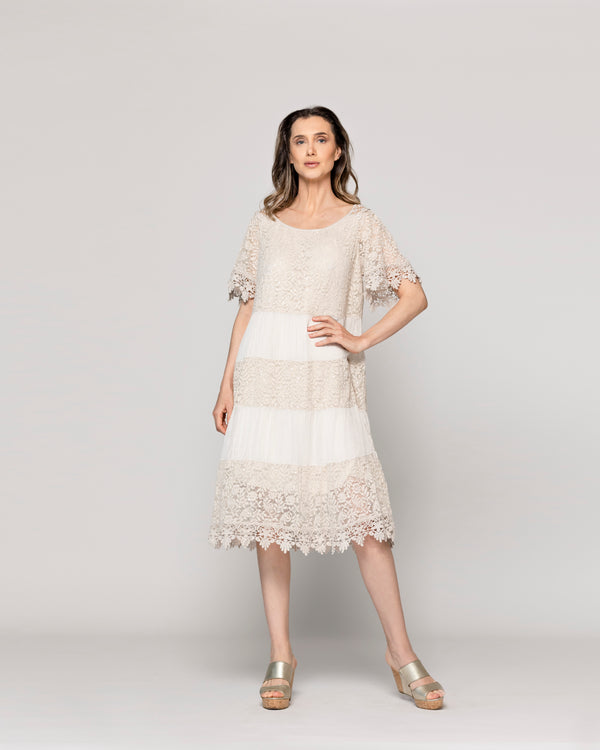 Vestido Mujer Viola Largo Midi Y Manga Corta Con Encaje Beige Lineatre
