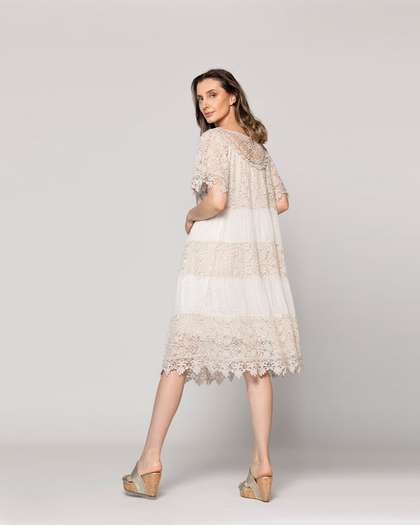 Vestido Mujer Viola Largo Midi Y Manga Corta Con Encaje Beige Lineatre