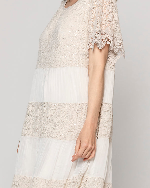 Vestido Mujer Viola Largo Midi Y Manga Corta Con Encaje Beige Lineatre