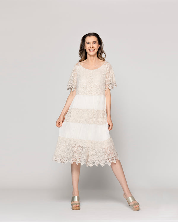 Vestido Mujer Viola Largo Midi Y Manga Corta Con Encaje Beige Lineatre