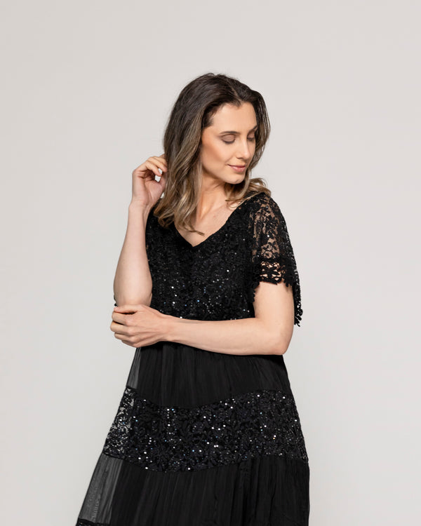 Vestido Mujer Viola Largo Midi Y Manga Corta Con Encaje Negro Lineatre