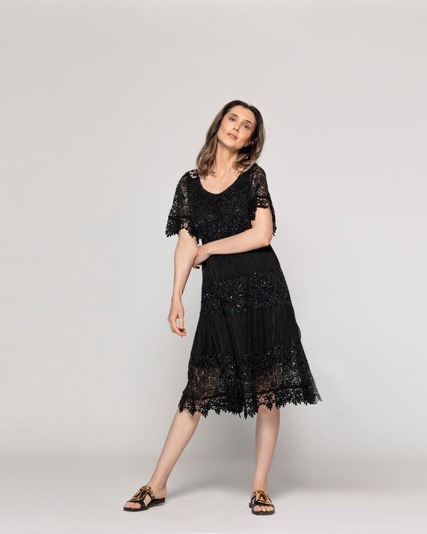 Vestido Mujer Viola Largo Midi Y Manga Corta Con Encaje Negro Lineatre