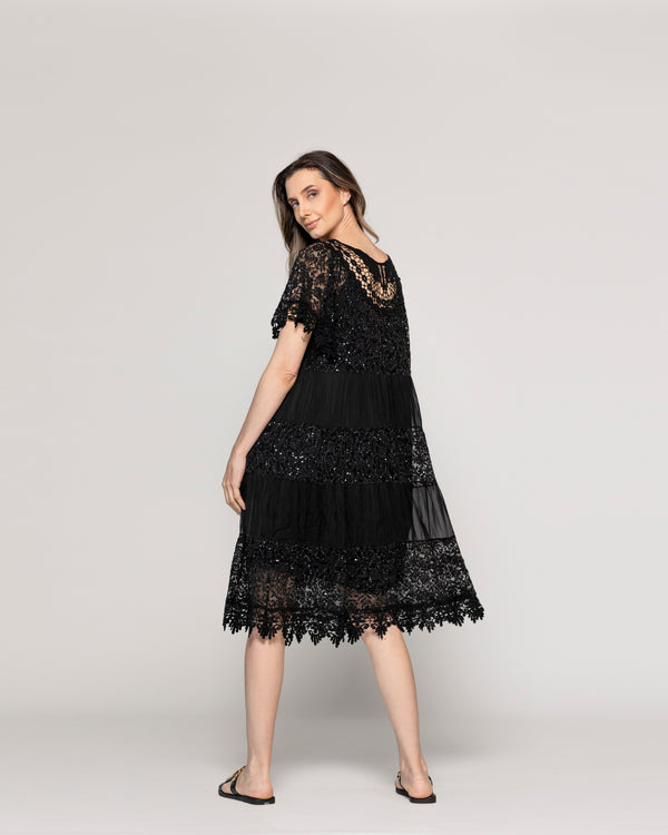 Vestido Mujer Viola Largo Midi Y Manga Corta Con Encaje Negro Lineatre