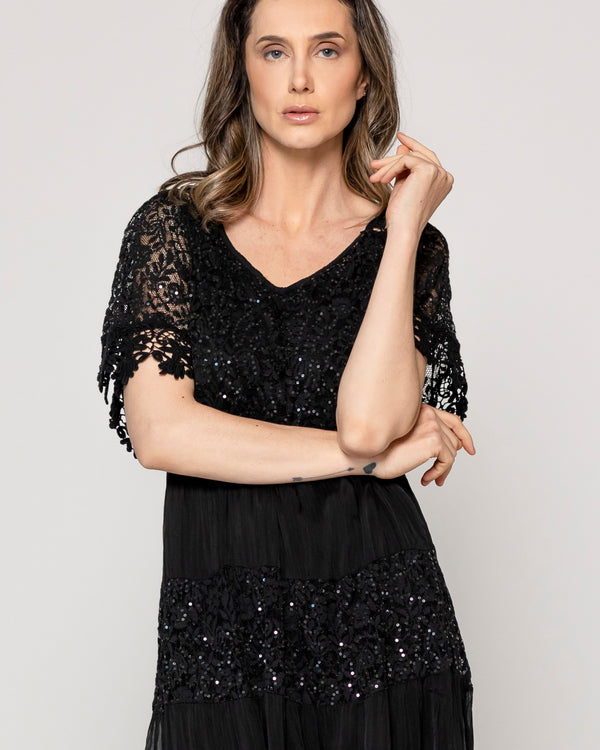 Vestido Mujer Viola Largo Midi Y Manga Corta Con Encaje Negro Lineatre