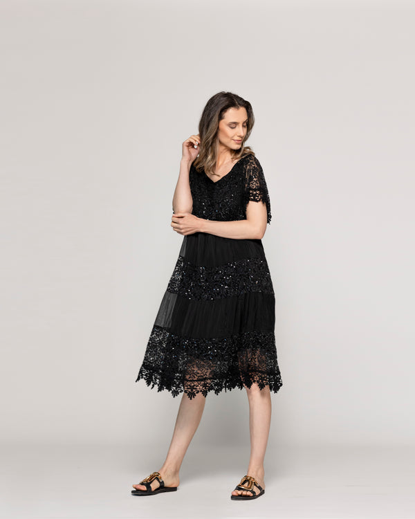 Vestido Mujer Viola Largo Midi Y Manga Corta Con Encaje Negro Lineatre
