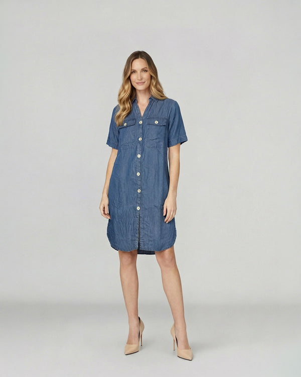Vestido Mujer Livia Cuello en V cierre Botones Jeans Lineatre