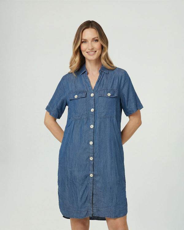 Vestido Mujer Livia Cuello en V cierre Botones Jeans Lineatre