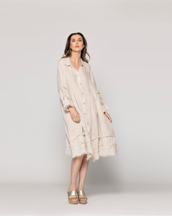 Vestido Mujer Virginia Largo De Lino Con Botones Beige Lineatre